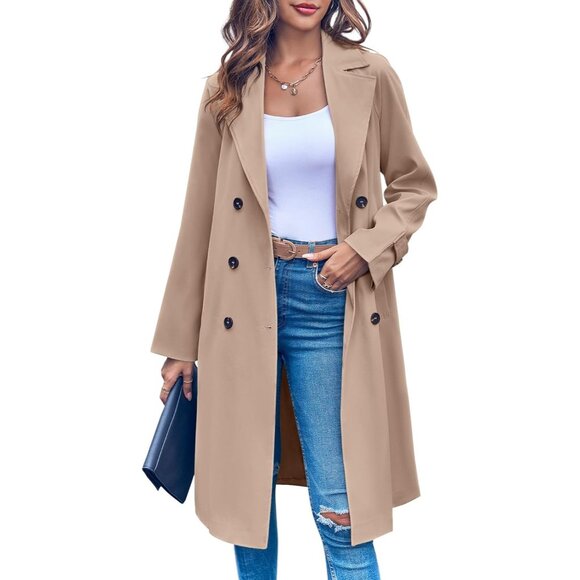💫 Women Cream Long Trench Coat Double Breasted Elegant Windproof Belted Jacket